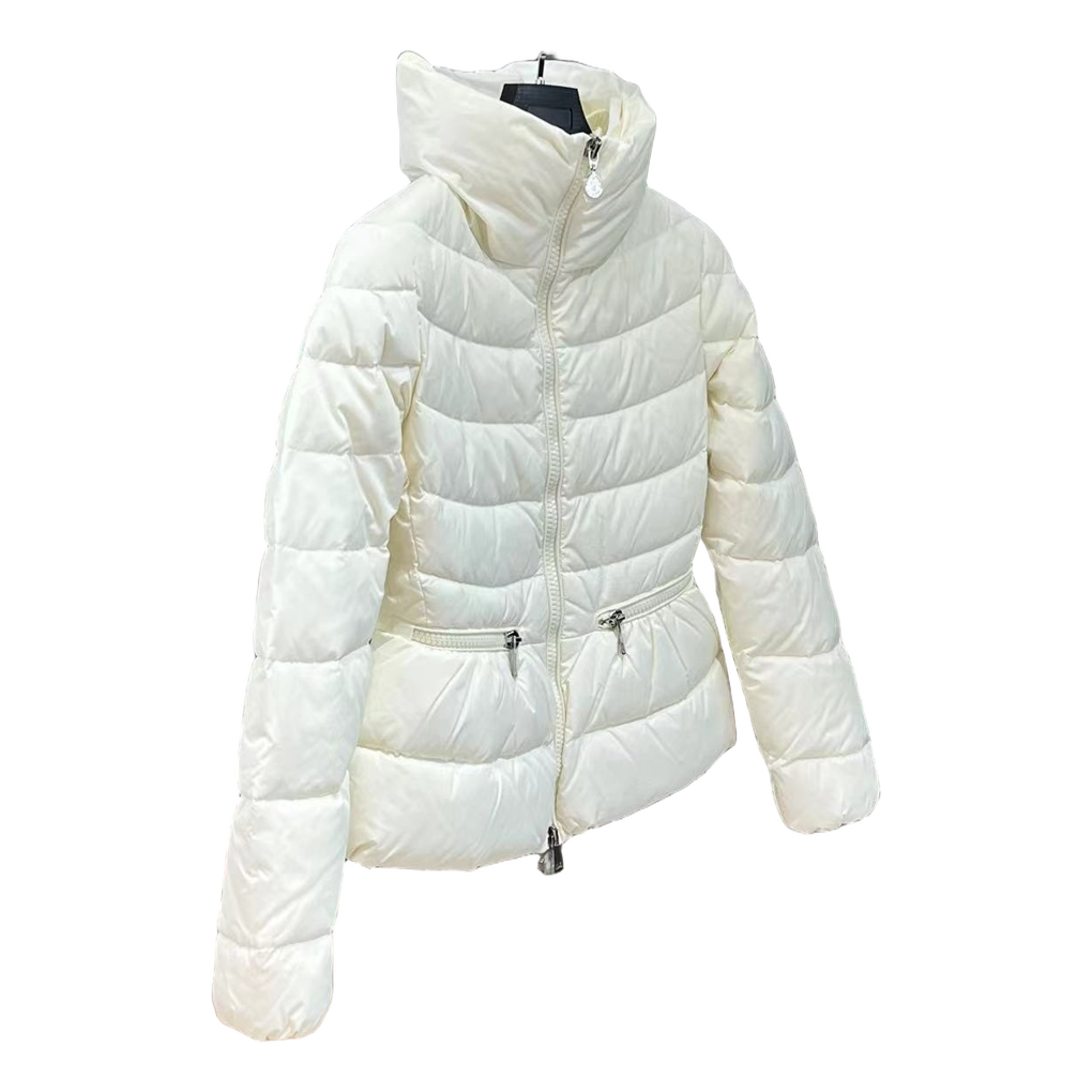 Moncler Ivory Stand-Collar Down Puffer Jacket with Drawstring Waist