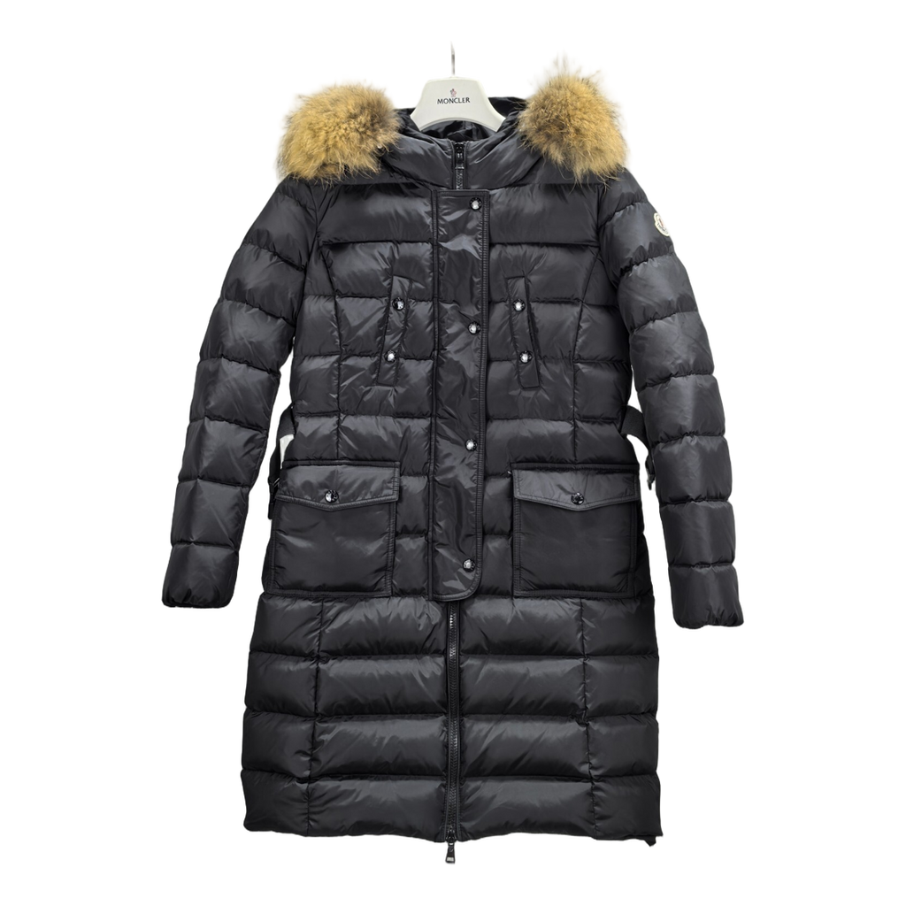 Moncler Black Four-Pocket Long Down Coat with Fur-Trim Hood