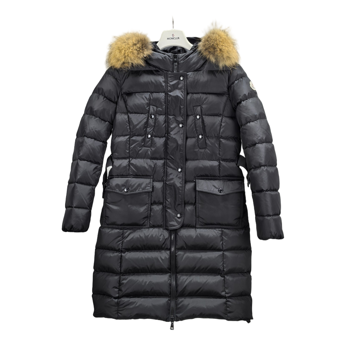 Moncler Black Four-Pocket Long Down Coat with Fur-Trim Hood