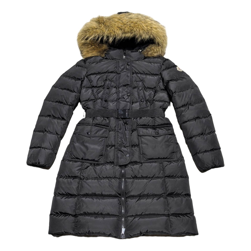 Moncler Black Four-Pocket Long Down Coat with Fur-Trim Hood