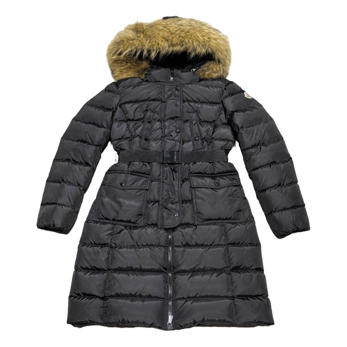 Moncler Black Four-Pocket Long Down Coat with Fur-Trim Hood