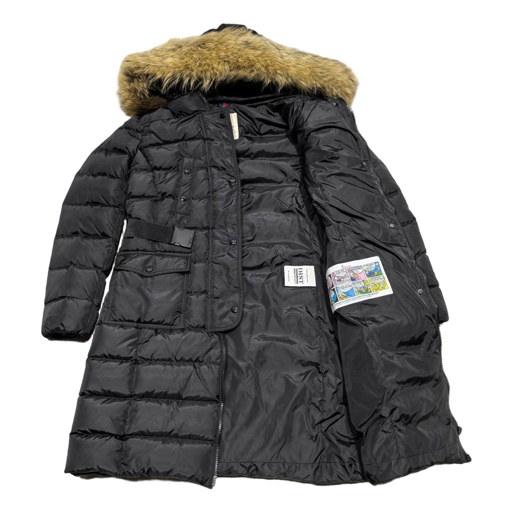 Moncler Black Four-Pocket Long Down Coat with Fur-Trim Hood