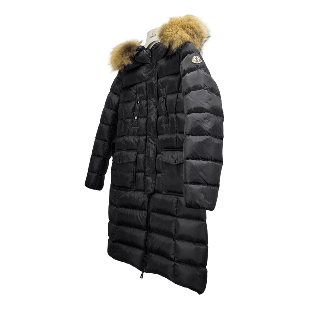 Moncler Black Four-Pocket Long Down Coat with Fur-Trim Hood