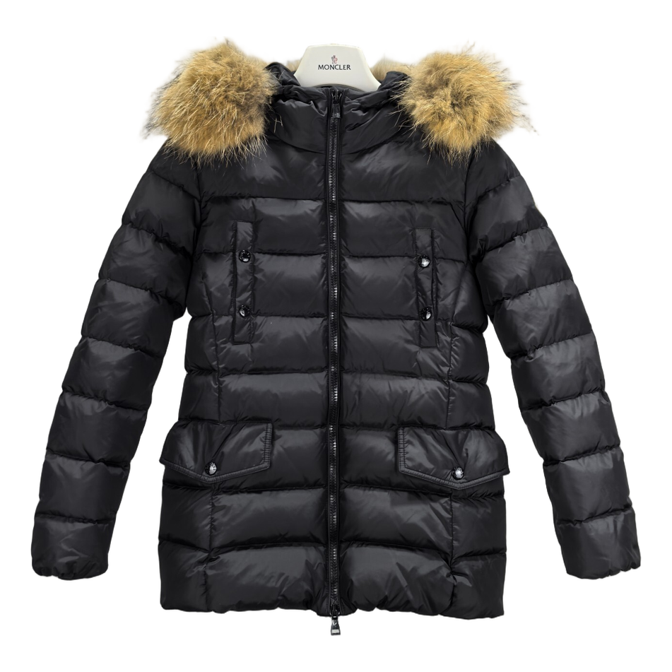 Moncler Black Belted Four-Pocket Down Jacket with Fur-Trim Hood