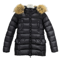 Moncler Black Belted Four-Pocket Down Jacket with Fur-Trim Hood