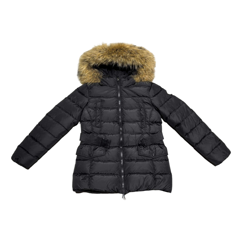 Moncler Black Belted Four-Pocket Down Jacket with Fur-Trim Hood