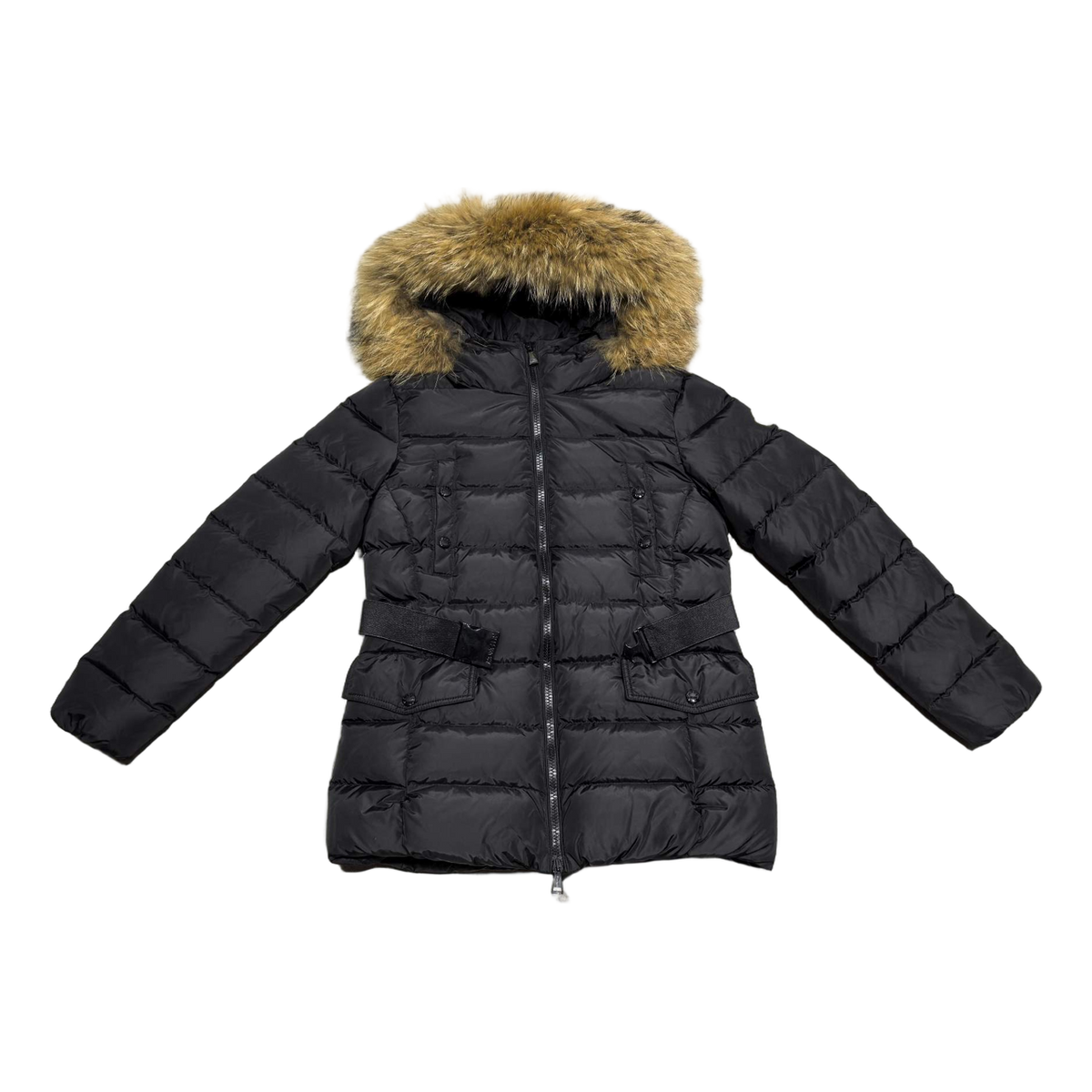 Moncler Black Belted Four-Pocket Down Jacket with Fur-Trim Hood