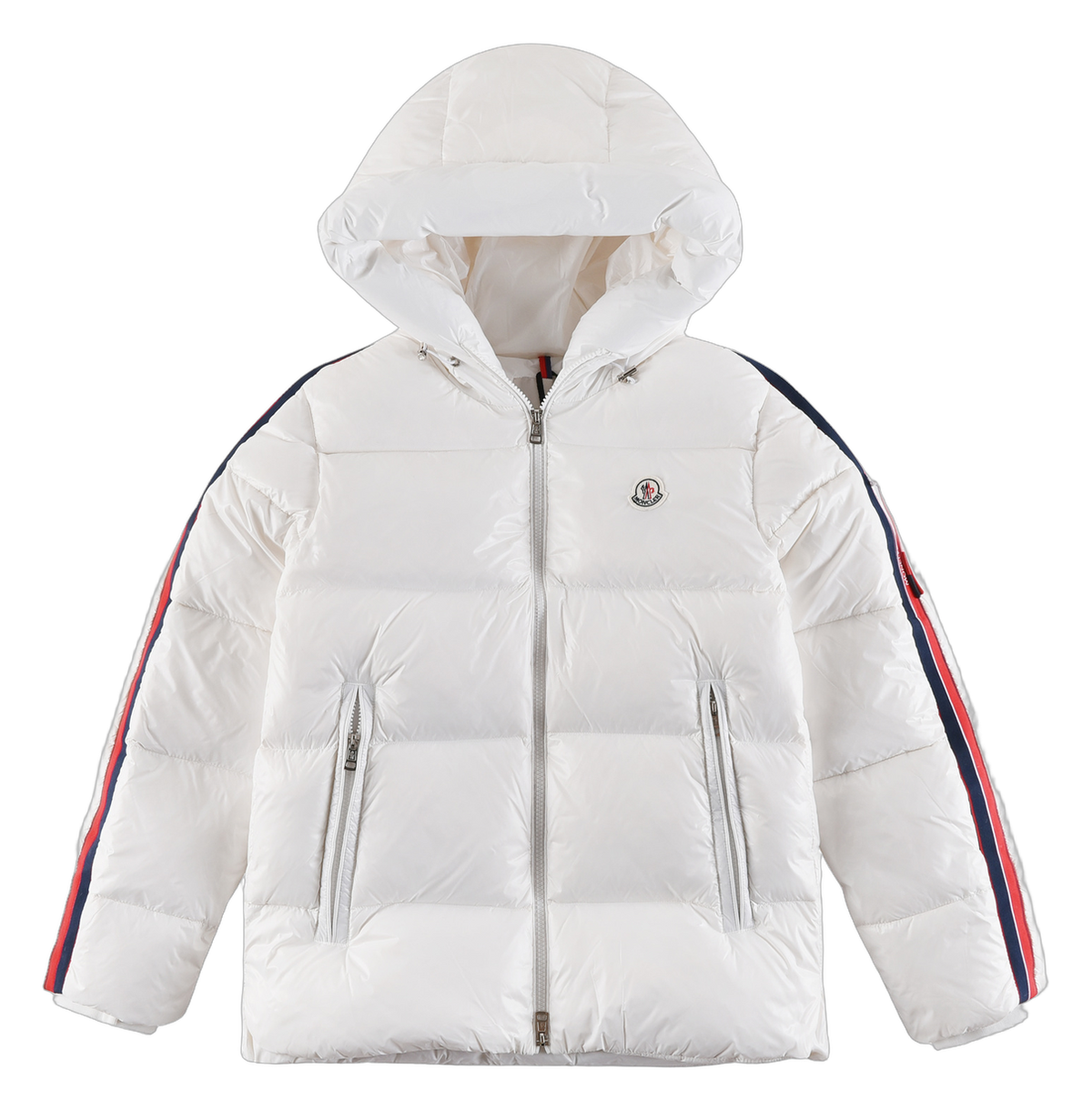 Moncler Tricolour Sleeve-Stripe Hooded Puffer Jacket in White