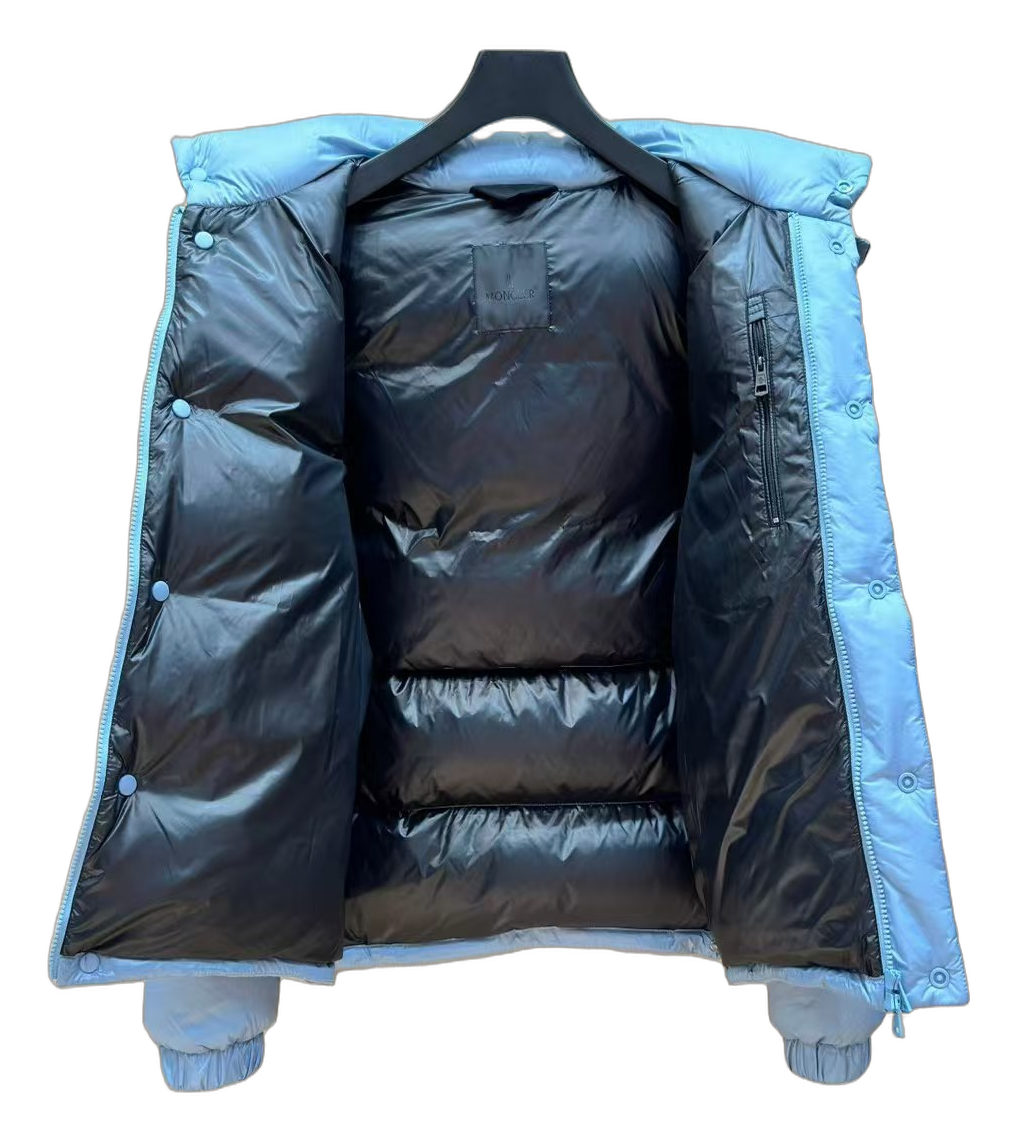Moncler Orange-Badge Hooded Down Puffer Jacket in Ice Blue