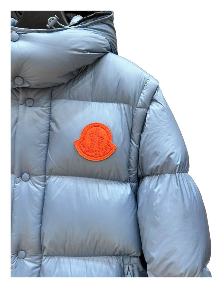 Moncler Orange-Badge Hooded Down Puffer Jacket in Ice Blue