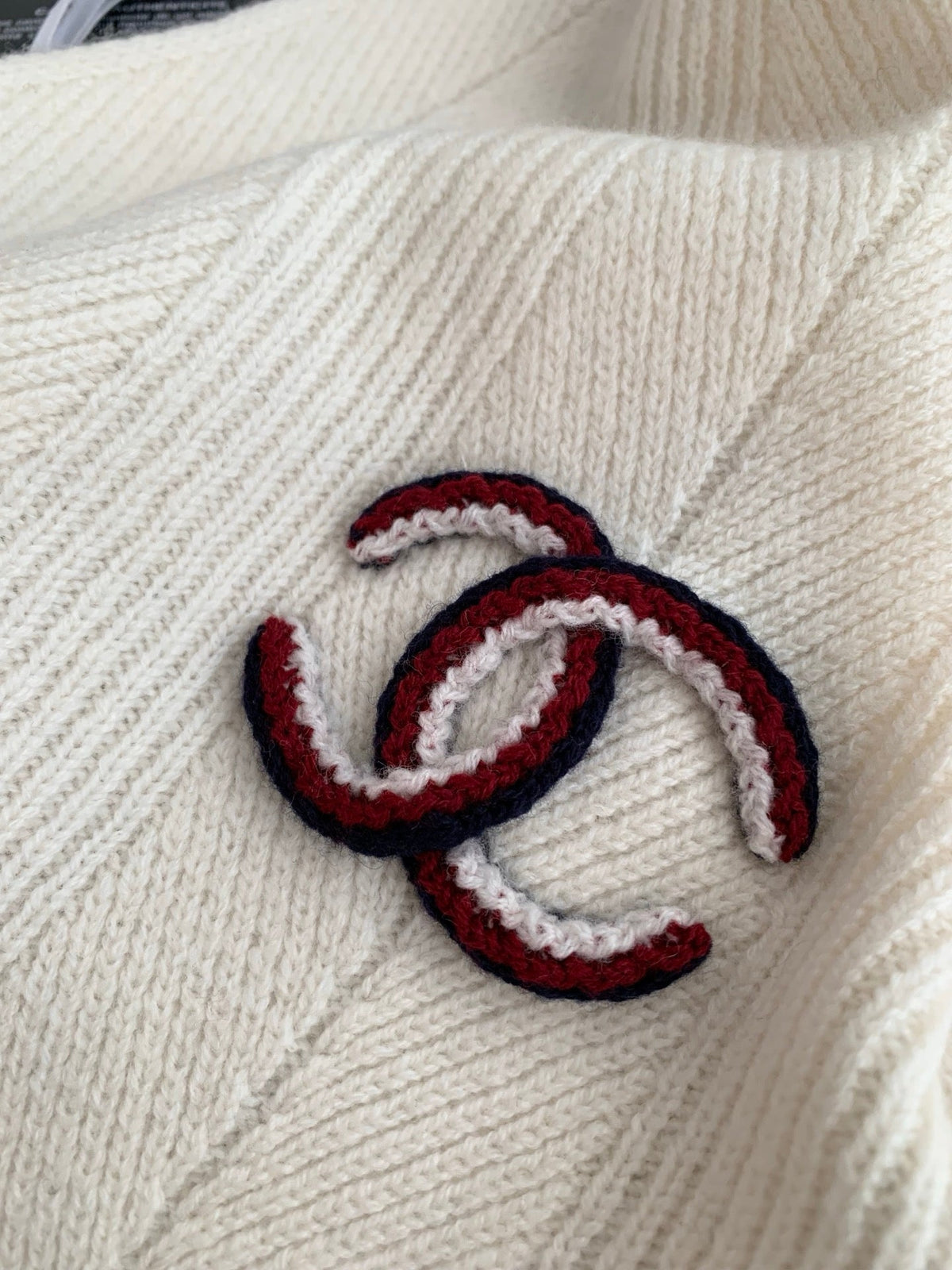 Chanel Style Ivory Rib-Knit Scarf and Beanie Set