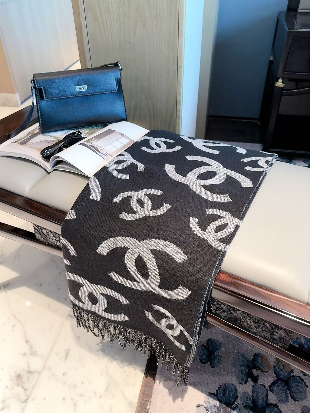 Chanel Style Oversized Logo Check Fringe Scarf