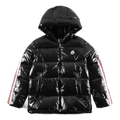 Moncler Glossy Hooded Down Puffer Jacket with Tricolour Sleeve Stripe