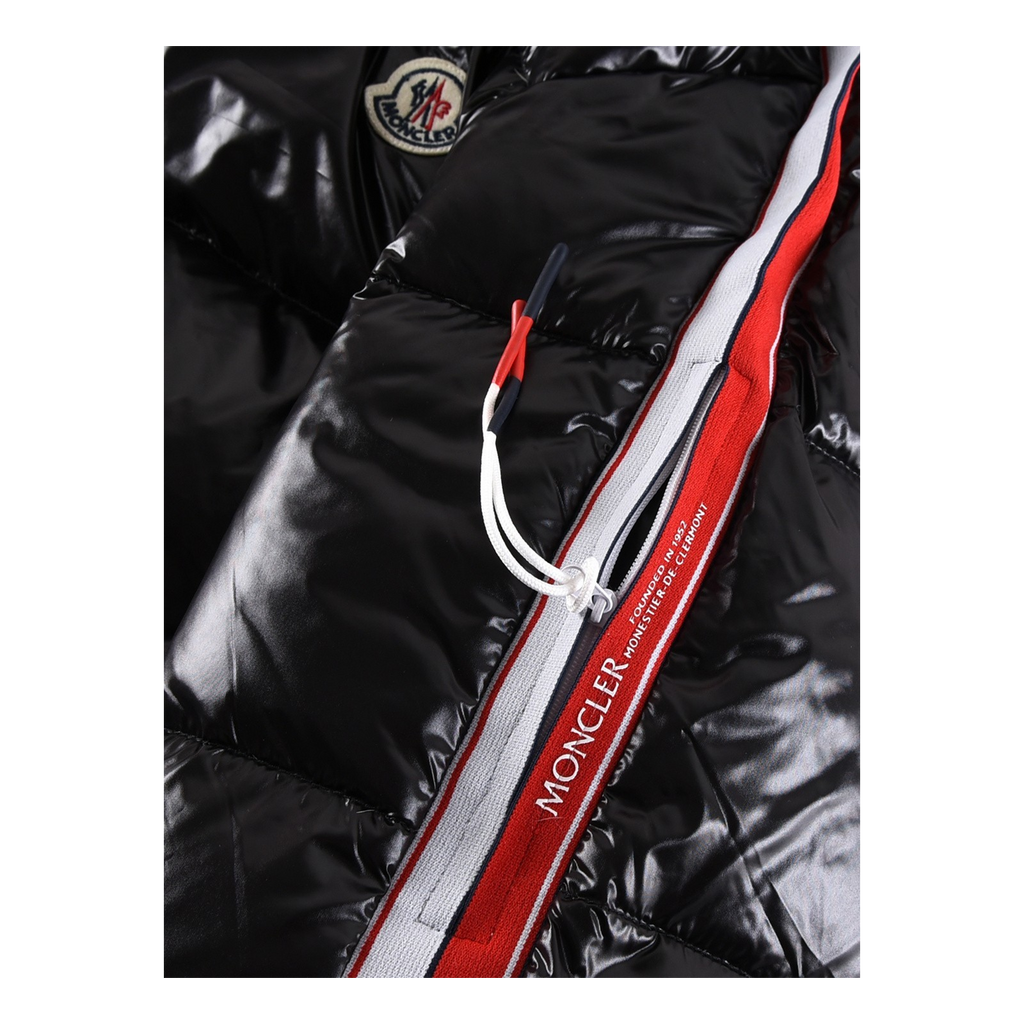 Moncler Glossy Hooded Down Puffer Jacket with Tricolour Sleeve Stripe