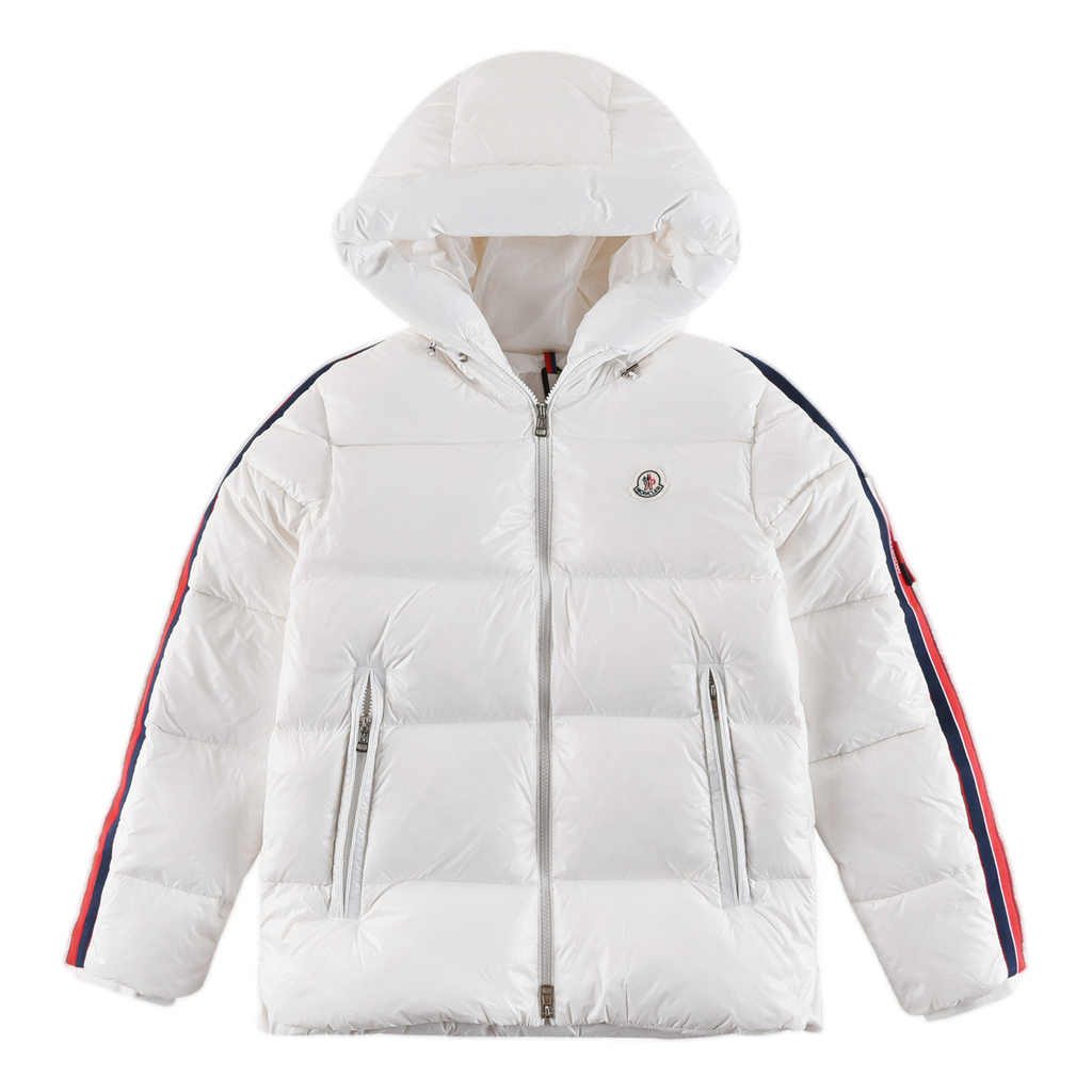 Moncler Glossy Hooded Down Puffer Jacket with Tricolour Sleeve Stripe
