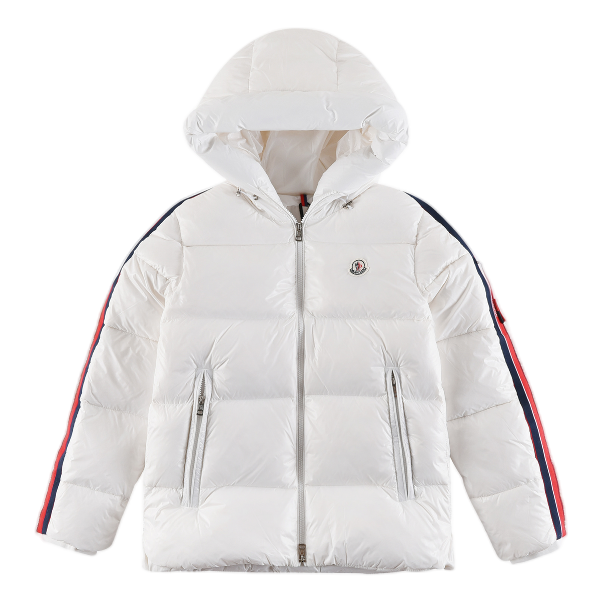 Moncler Glossy Hooded Down Puffer Jacket with Tricolour Sleeve Stripe