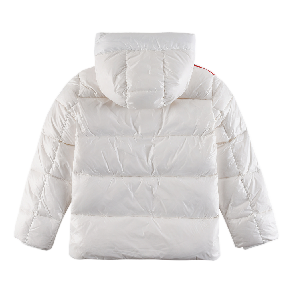 Moncler Glossy Hooded Down Puffer Jacket with Tricolour Sleeve Stripe