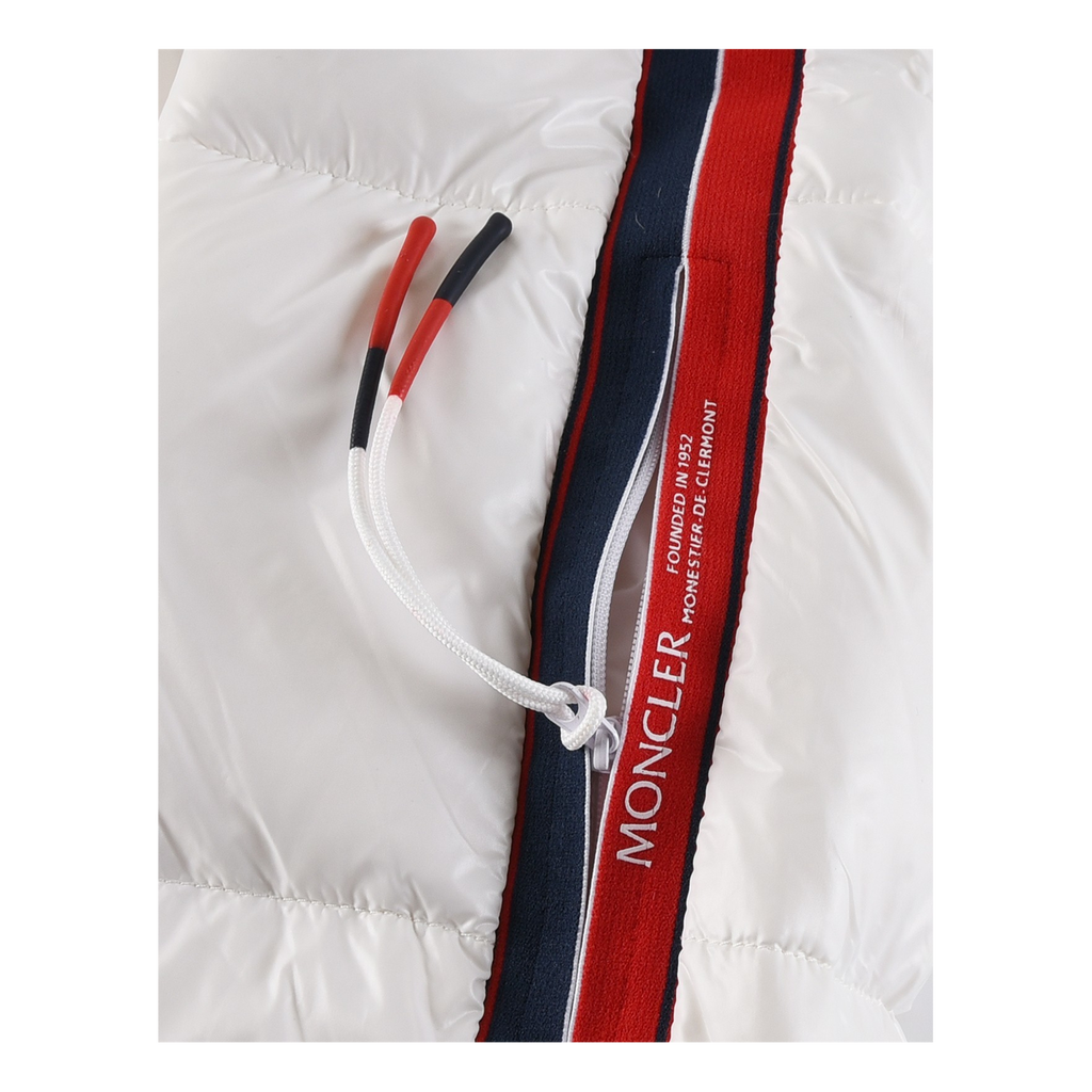 Moncler Glossy Hooded Down Puffer Jacket with Tricolour Sleeve Stripe