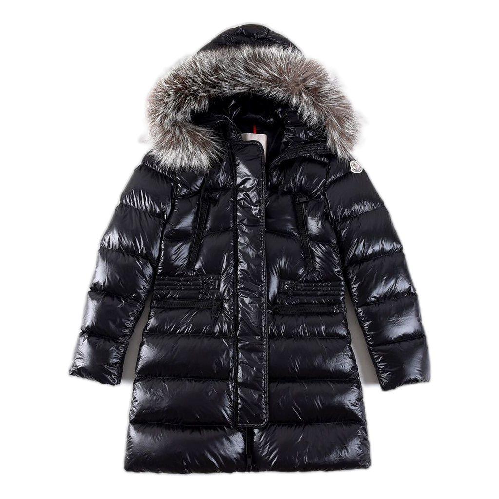 Moncler Long Down Puffer Jacket with Fur-Trim Hood & Drawstring Waist
