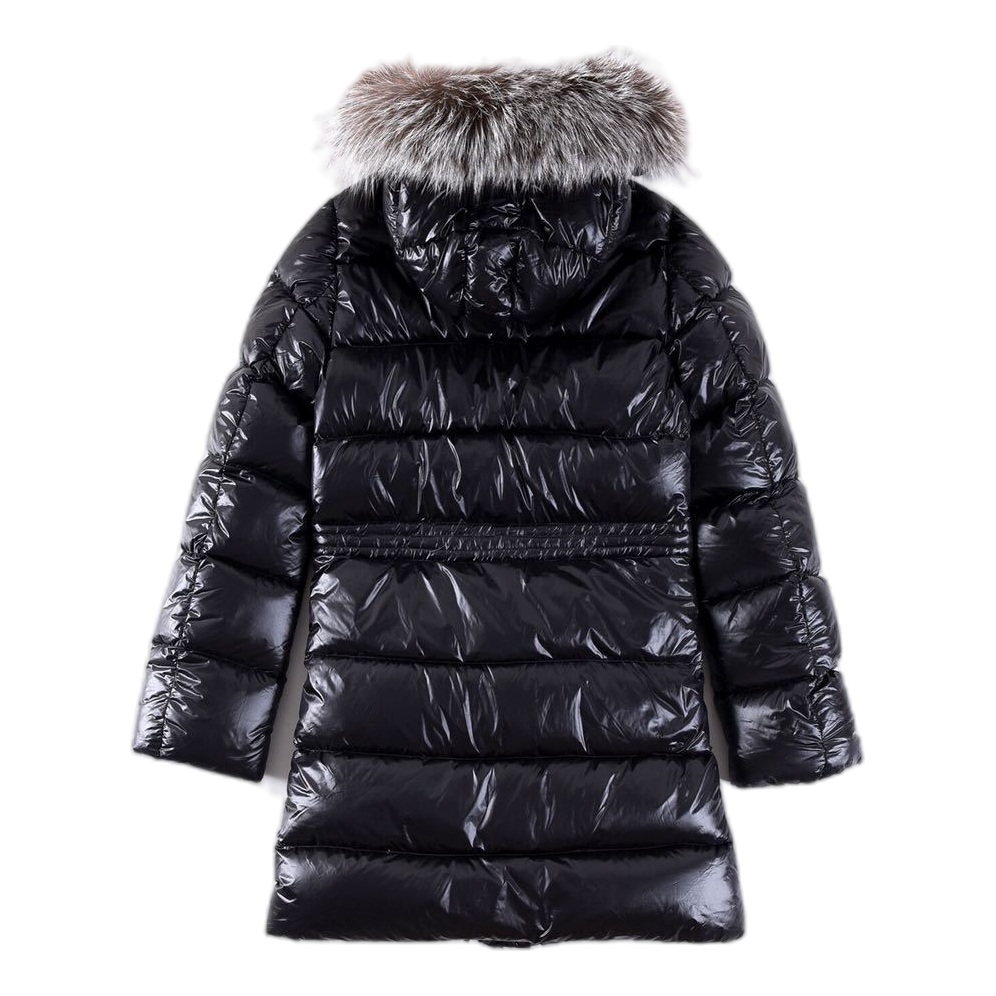 Moncler Long Down Puffer Jacket with Fur-Trim Hood & Drawstring Waist
