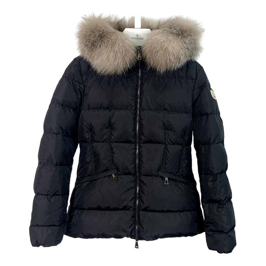Moncler Black Cinched-Waist Down Puffer Jacket with Fur-Trim Hood