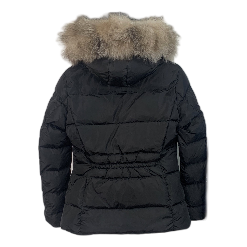Moncler Black Cinched-Waist Down Puffer Jacket with Fur-Trim Hood