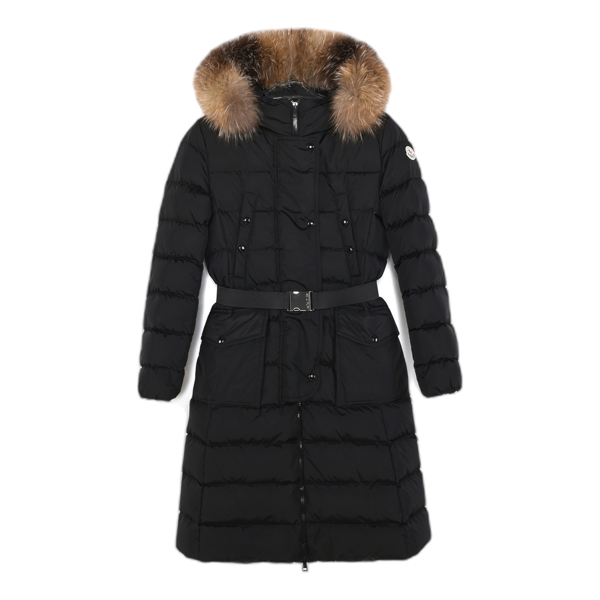 Moncler Khloe Belted Long Down Coat with Fur-Trim Hood in Black