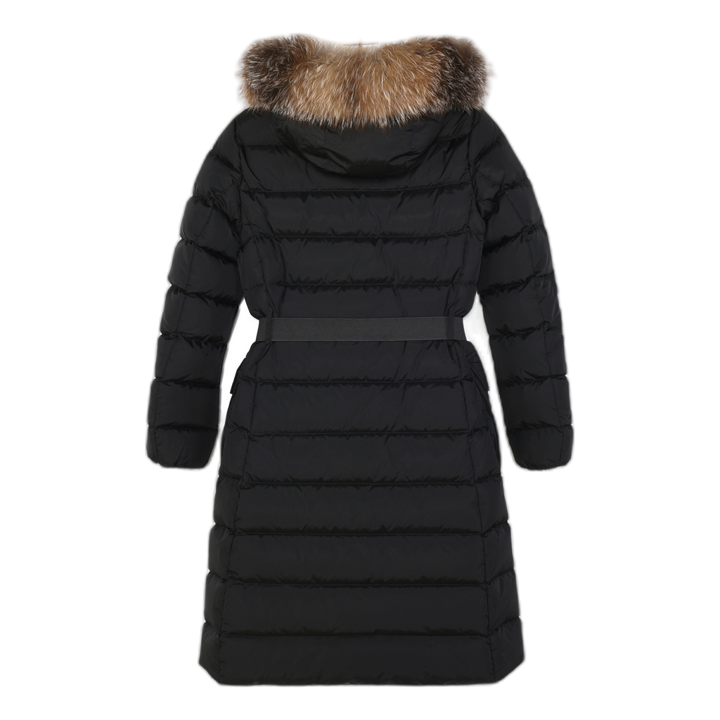 Moncler Khloe Belted Long Down Coat with Fur-Trim Hood in Black