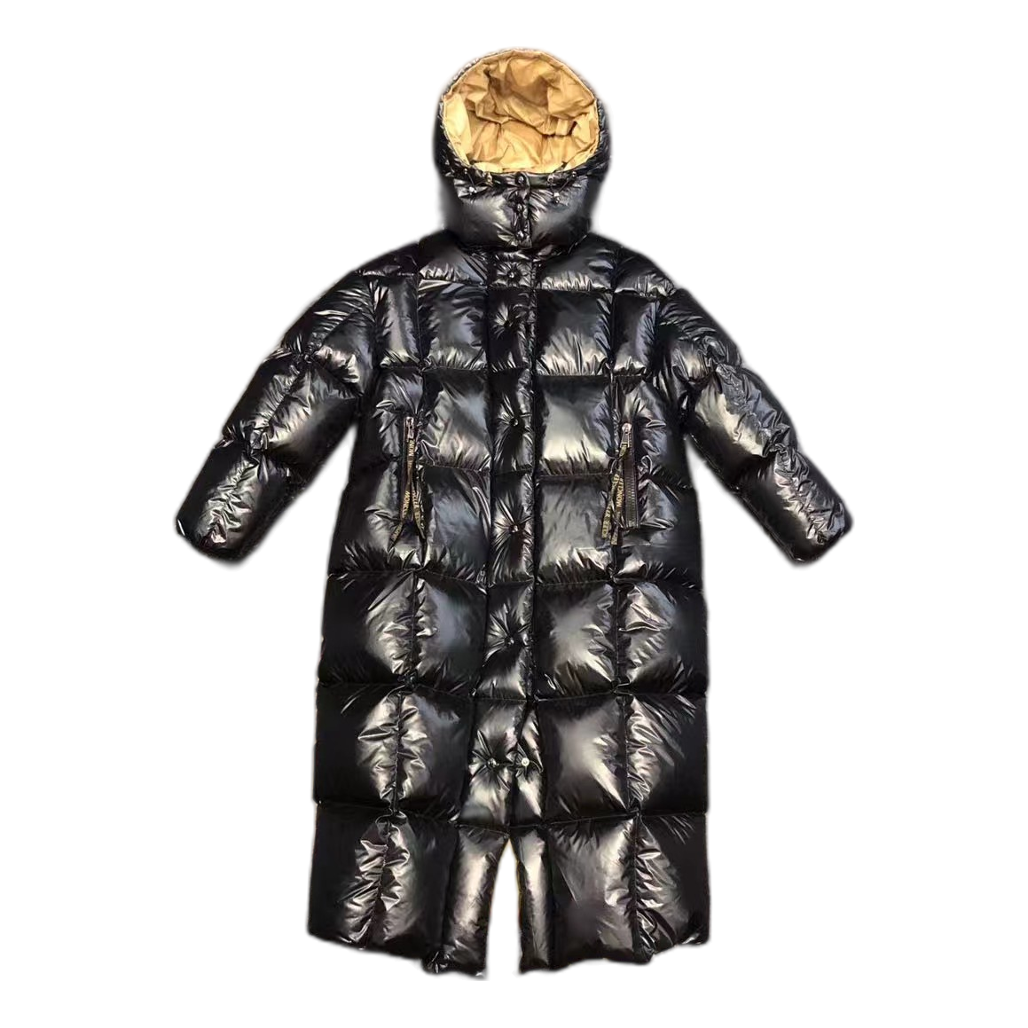 Moncler Glossy Black Long Down Puffer Coat with Gold Lining