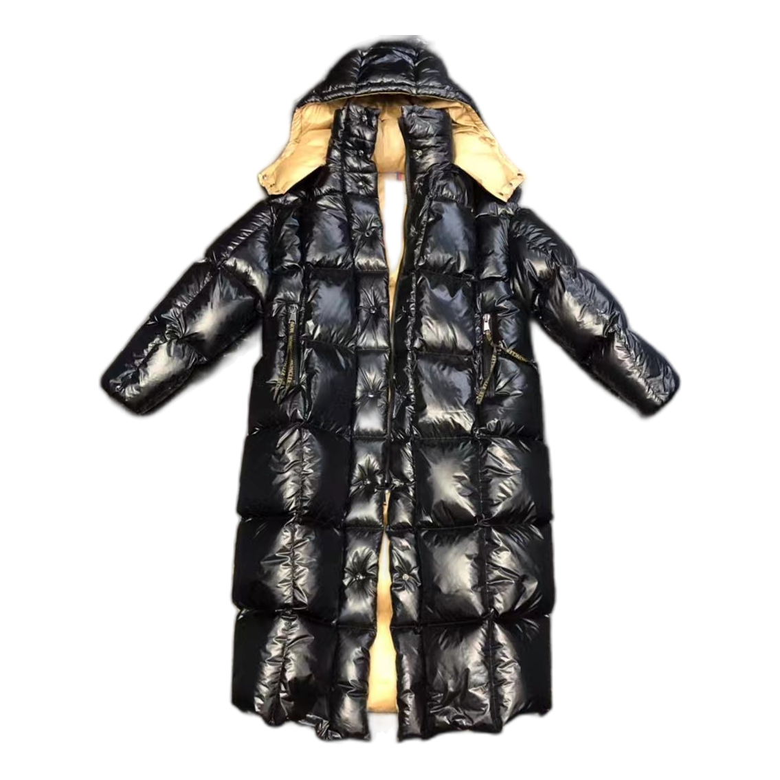 Moncler Glossy Black Long Down Puffer Coat with Gold Lining