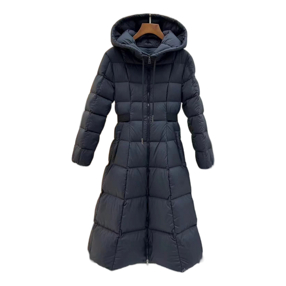 Moncler Black Fitted Long Down Coat with Adjustable Drawstring Hood