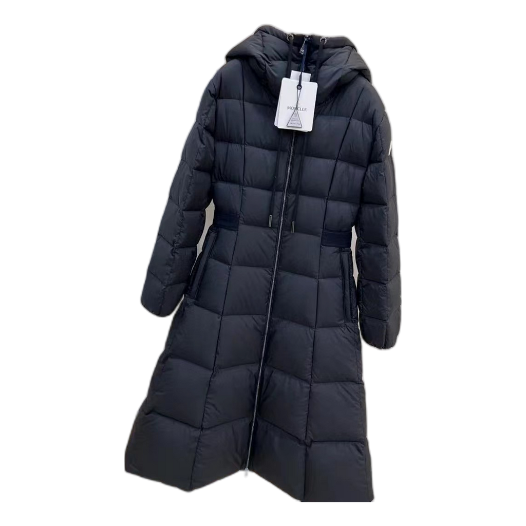 Moncler Black Fitted Long Down Coat with Adjustable Drawstring Hood