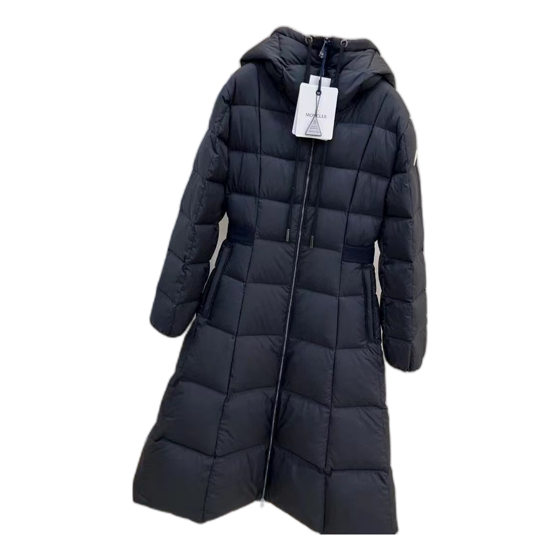 Moncler Black Fitted Long Down Coat with Adjustable Drawstring Hood