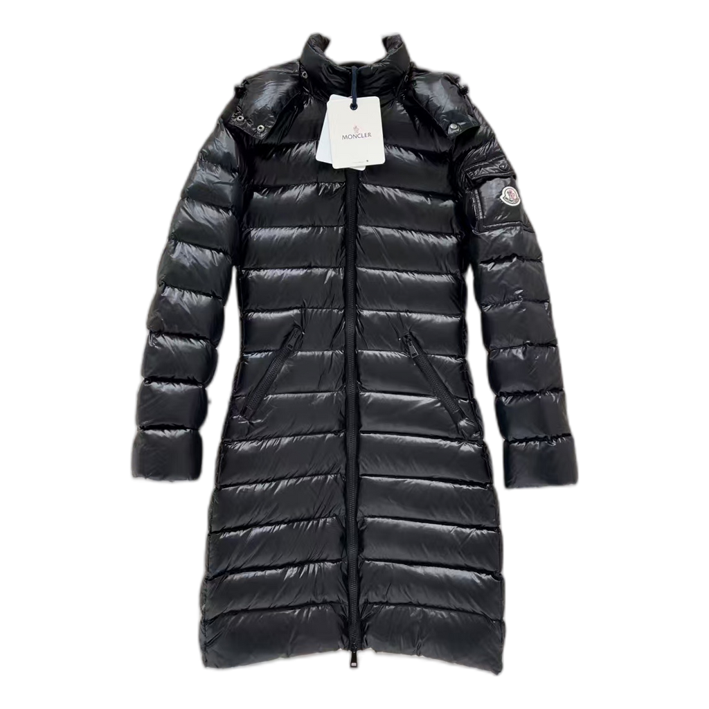Moncler Narrow-Quilt Long Down Puffer Coat with Fur-Trim Hood in Black