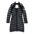 Moncler Narrow-Quilt Long Down Puffer Coat with Fur-Trim Hood in Black