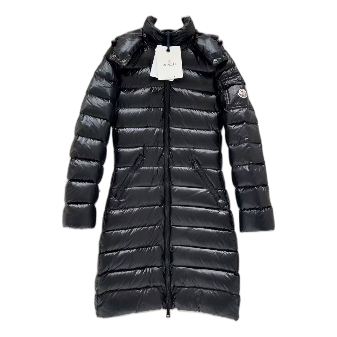 Moncler Narrow-Quilt Long Down Puffer Coat with Fur-Trim Hood in Black