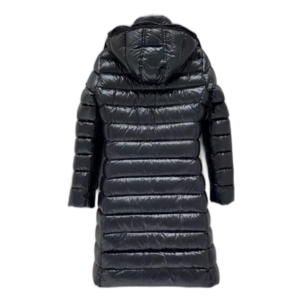 Moncler Narrow-Quilt Long Down Puffer Coat with Fur-Trim Hood in Black