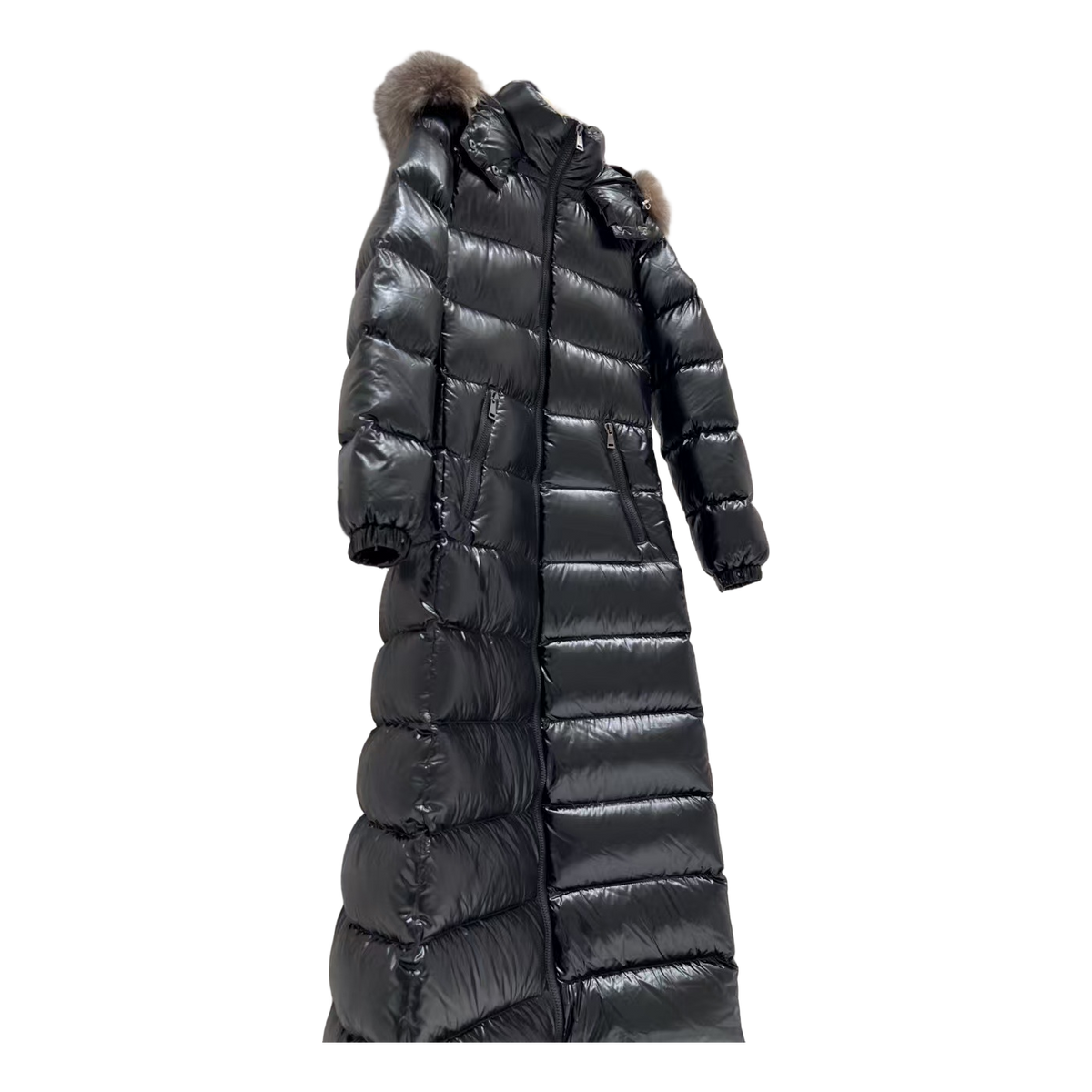 Moncler Hudson Long Down Puffer Coat with Fur Trim
