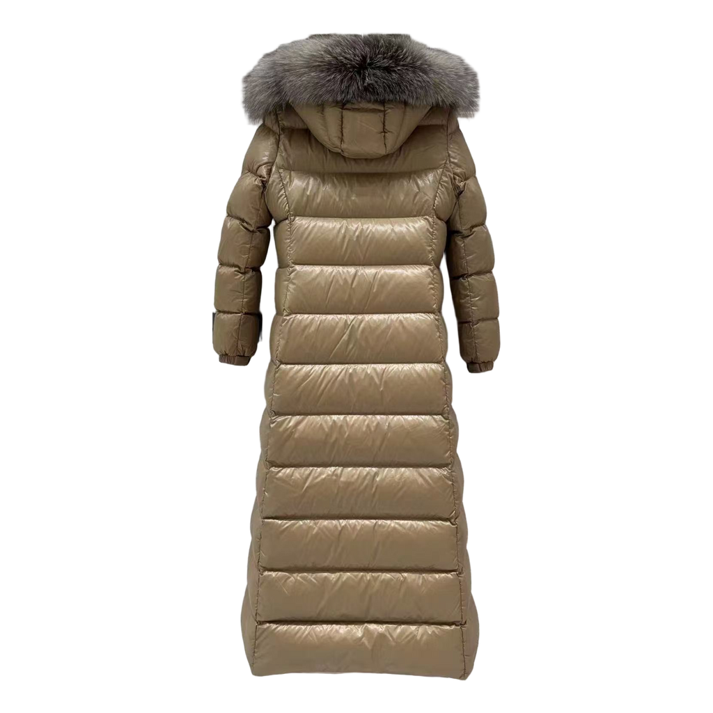 Moncler Hudson Long Down Puffer Coat with Fur Trim