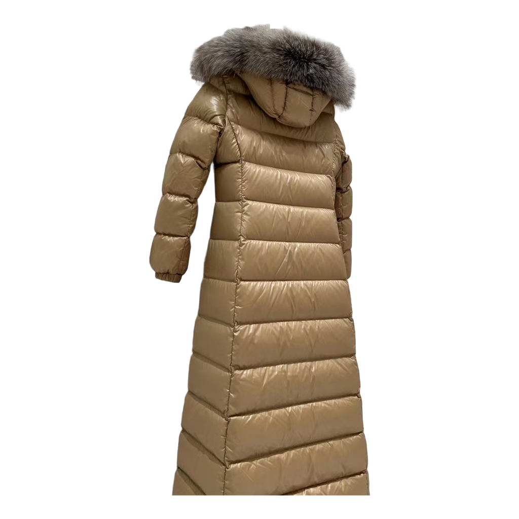 Moncler Hudson Long Down Puffer Coat with Fur Trim