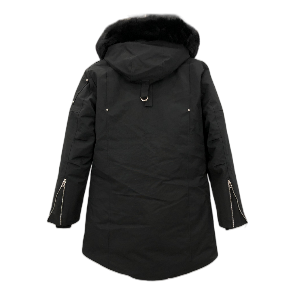 Moose Knuckles Curved-Hem Fur-Trim Hooded Down Parka in Black