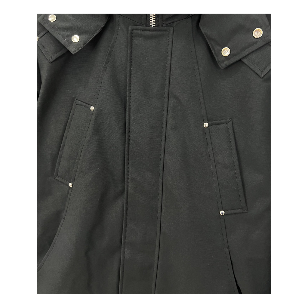 Moose Knuckles Curved-Hem Fur-Trim Hooded Down Parka in Black
