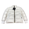 Moose Knuckles Logo-Zip Quilted Down Bomber Jacket in Off White