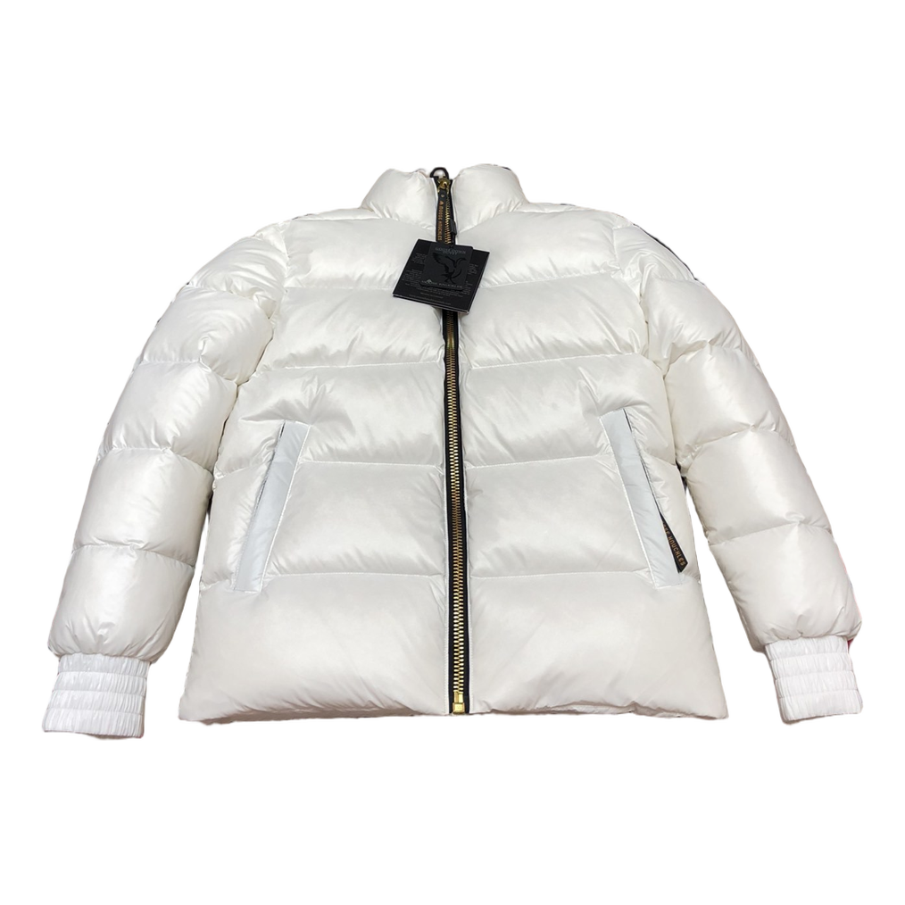 Moose Knuckles Logo-Zip Quilted Down Bomber Jacket in Off White