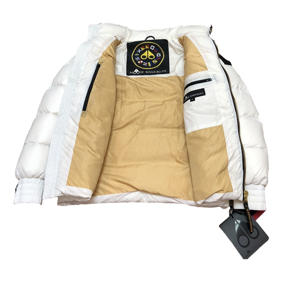 Moose Knuckles Logo-Zip Quilted Down Bomber Jacket in Off White