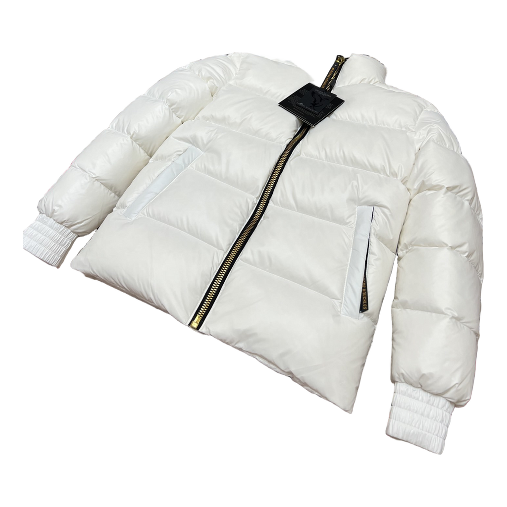 Moose Knuckles Logo-Zip Quilted Down Bomber Jacket in Off White