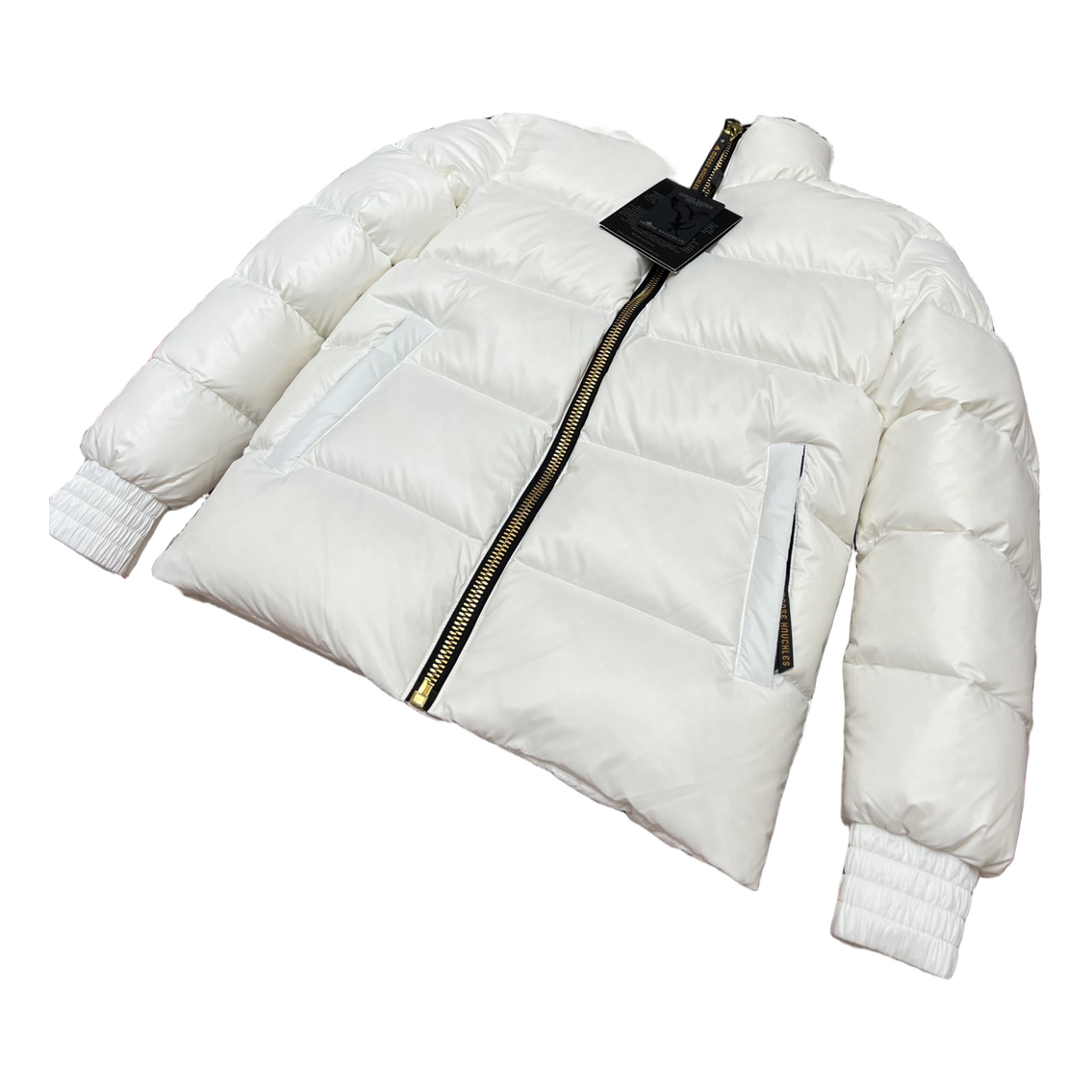 Moose Knuckles Logo-Zip Quilted Down Bomber Jacket in Off White