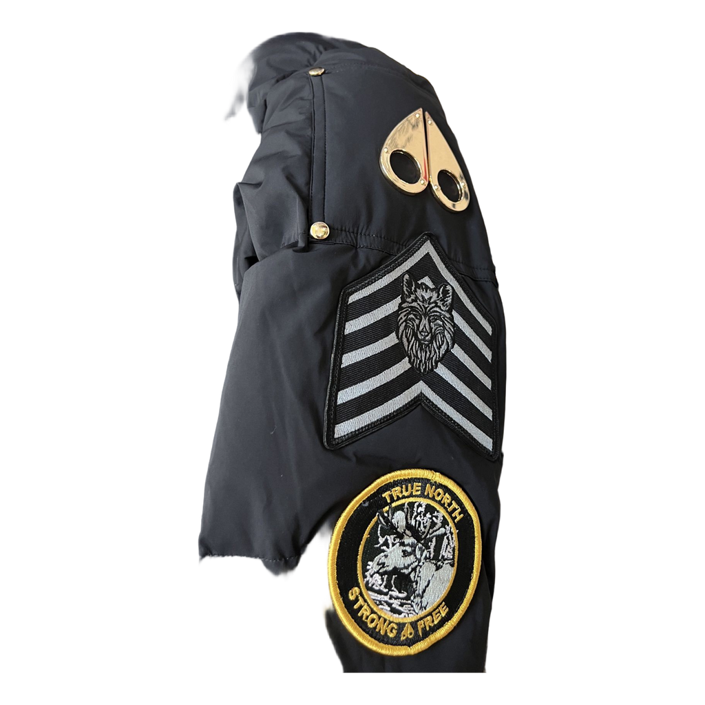 Moose Knuckles Patch-Detail Hooded Down Bomber Jacket in Black
