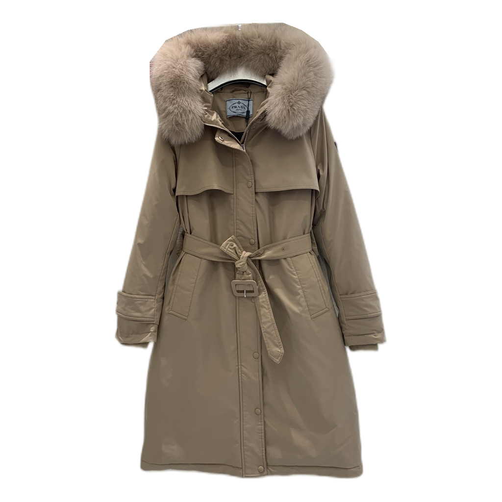 Prada Belted Faux Fur-Trim Hooded Coat in Beige