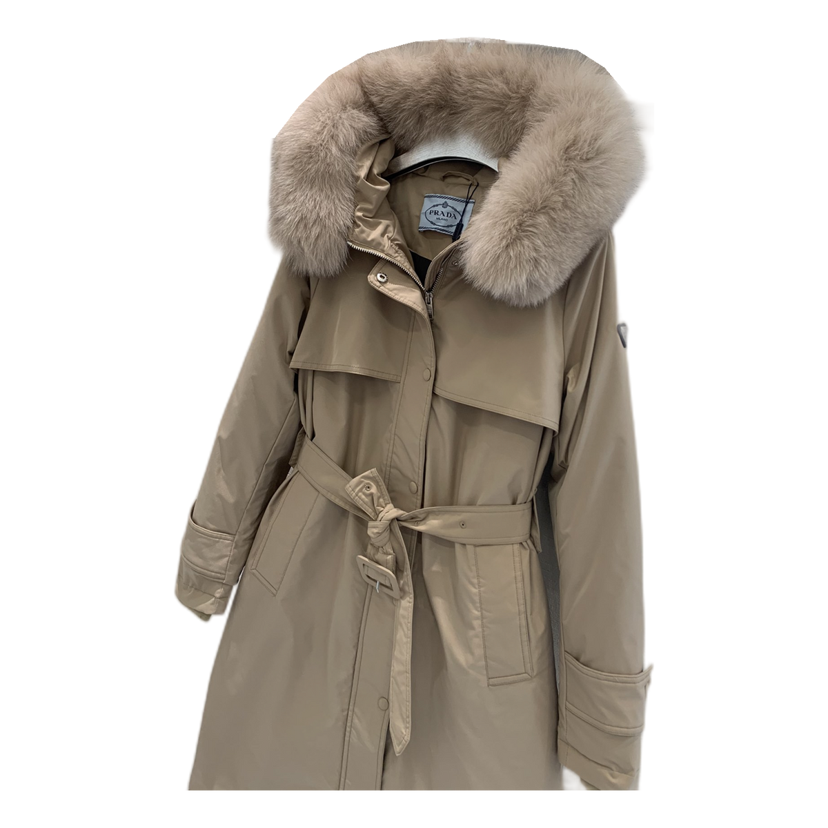 Prada Belted Faux Fur-Trim Hooded Coat in Beige